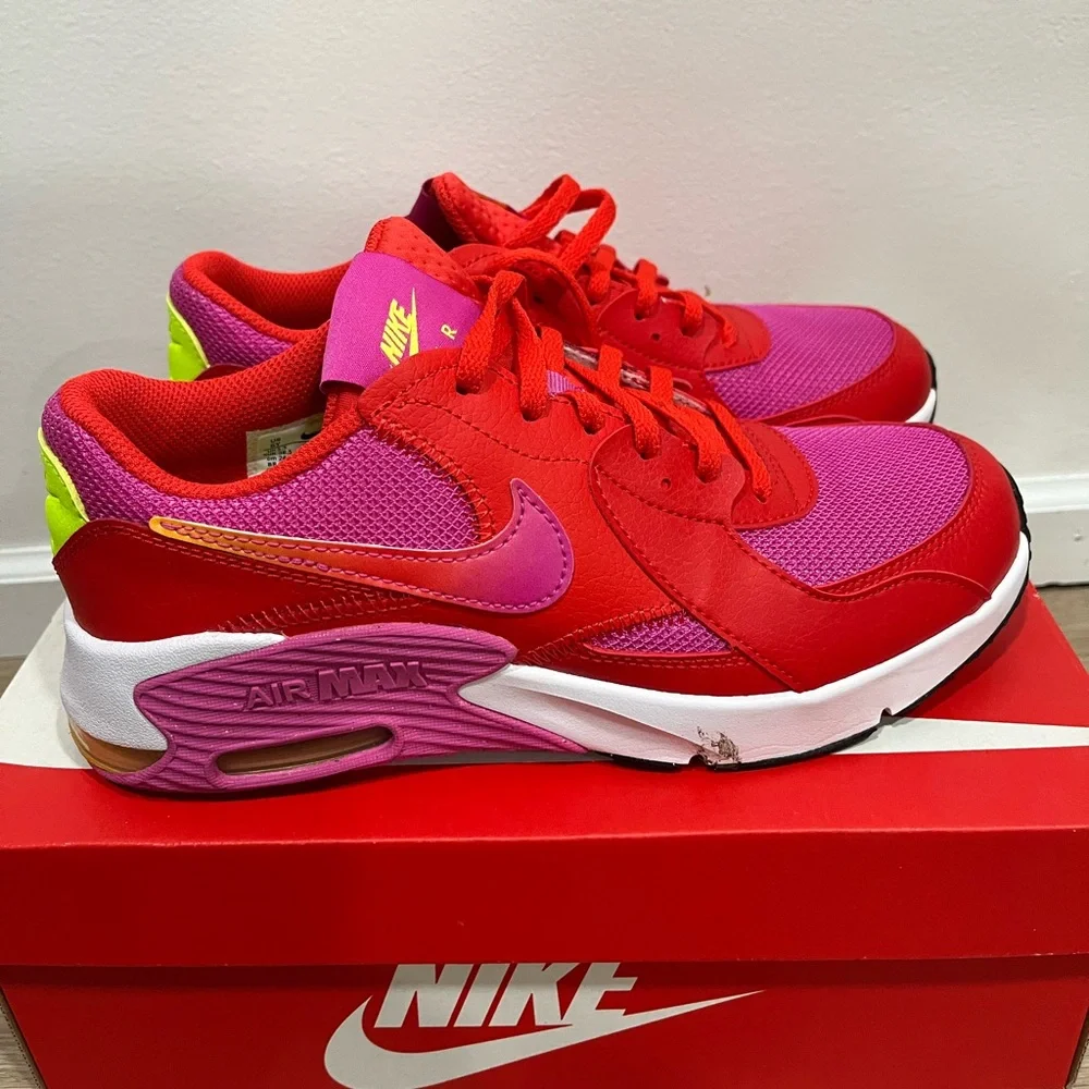 Nike Big Kids Air Max Sneakers in Red, Pink & Neon Yellow - Picture 1 of 4